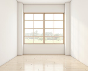 Fototapeta na wymiar Japandi style empty room decorated with white wall and wood floor. 3d rendering
