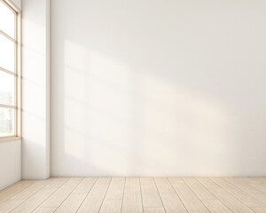 Japandi style empty room decorated with white wall and wood floor. 3d rendering