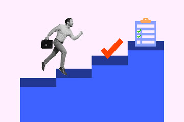 Composite collage of running black white colors business man climb stairs complete contract isolated on drawing background