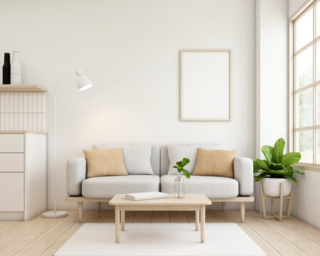 Japandi style living room decorated with minimalist sofa and chair, white wall and picture frame. 3d rendering