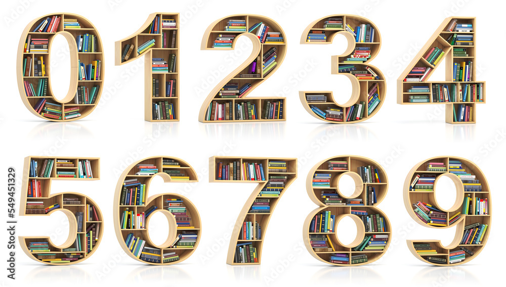 Aufkleber Set of numbers in form of bookshelf with book and texbooks. Educational and learning conceptual font and alphabet.