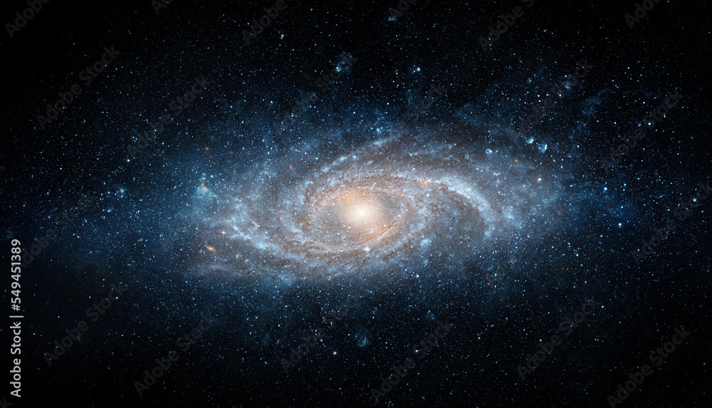 Wall mural view from space to a spiral galaxy and stars. universe filled with stars, nebula and galaxy,. elemen