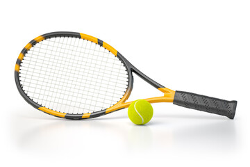 Tennis racket and tennis ball isolated on white background.