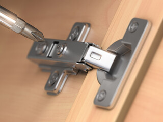 Cabinet swing door hinge furniture with screwdriver.  Repair of fittings hardware for wardrobe and cupboard.