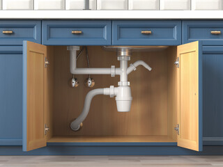 Siphon and pipes under the sink in the kitchen. - obrazy, fototapety, plakaty