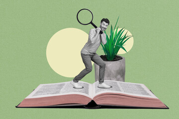 Creative collage image of excited small guy black white effect hold magnifier lens walk huge opened book isolated on drawing background