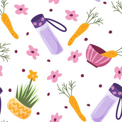 Vegetarian seamless pattern with carrots, flowers and other. Funny cartoon style.