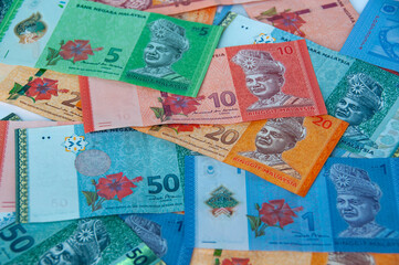 Top view of various Malaysia Ringgit currency.
