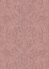Hand-drawn abstract seamless ornament. Purple on a pale pink background. Paper texture. Digital artwork, A4. (pattern: p08-2d)