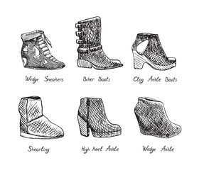 Wedge Sneakers, Biker Boots, Clog Ankle , Shearling , High Heel, Wedge Ankle, isolated hand drawn outline doodle, sketch, black and white illustration with inscription, boots set collection - 549453301