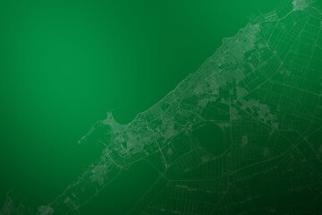 Map of the streets of Alexandria (Egypt) made with white lines on abstract green background lit by two lights. Top view. 3d render, illustration