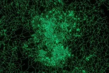 Map of the streets of Lilongwe (Malawi) made with green illumination and glow effect. Top view on roads network. 3d render, illustration