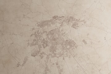 Map of Fez (Morocco) on an old vintage sheet of paper. Retro style grunge paper with light coming from right. 3d render