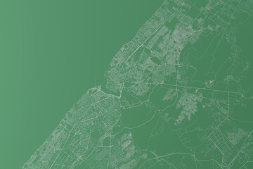 Stylized map of the streets of Rabat (Morocco) made with white lines on green background. Top view. 3d render, illustration