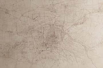 Map of Xian (China) on an old vintage sheet of paper. Retro style grunge paper with light coming from right. 3d render