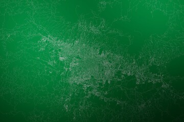 Map of the streets of Bandung (Indonesia) made with white lines on abstract green background lit by two lights. Top view. 3d render, illustration