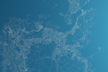 Map of the streets of Kitakyushu (Japan) made with white lines on blue paper. Rough background. 3d render, illustration