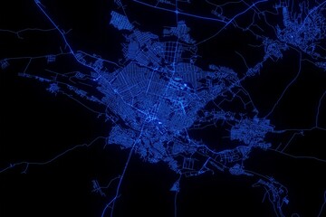 Street map of Shymkent (Kazakhstan) made with blue illumination and glow effect. Top view on roads network