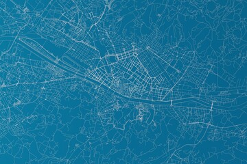 Map of the streets of Florence (Italy) made with white lines on blue background. 3d render, illustration