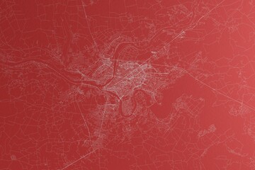 Map of the streets of Kaunas (Lithuania) made with white lines on red paper. Top view, rough background. 3d render, illustration