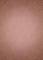 Pale pink textured paper with vignette of golden hand-drawn pattern on a darker background color. Copy space. Digital artwork, A4. (pattern: p02-1e)