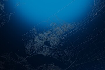 Street map of Almere (Netherlands) engraved on blue metal background. View with light coming from top. 3d render, illustration