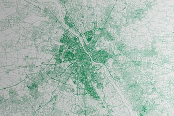 Map of the streets of Warsaw (Poland) made with green lines on white paper. 3d render, illustration