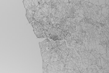 Map of the streets of Porto (Portugal) made with black lines on grey paper. Top view. 3d render, illustration © Hairem