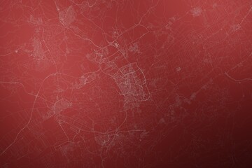 Map of the streets of Murcia (Spain) made with white lines on abstract red background lit by two lights. Top view. 3d render, illustration
