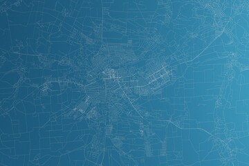 Map of the streets of Lugansk (Ukraine) made with white lines on blue paper. Rough background. 3d render, illustration