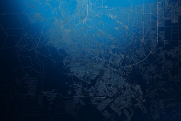 Street map of Ciudad Juarez (Mexico) engraved on blue metal background. View with light coming from top. 3d render, illustration