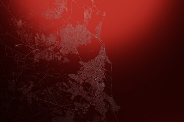 Street map of Natal (Brazil) engraved on red metal background. Light is coming from top. 3d render, illustration