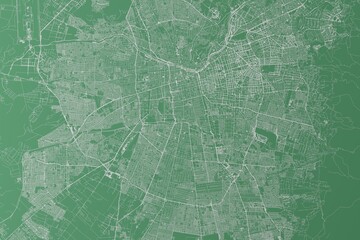 Stylized map of the streets of Santiago (Chile) made with white lines on green background. Top view. 3d render, illustration