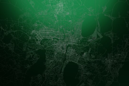 Street map of Chelyabinsk (Russia) engraved on green metal background. Light is coming from top. 3d render, illustration