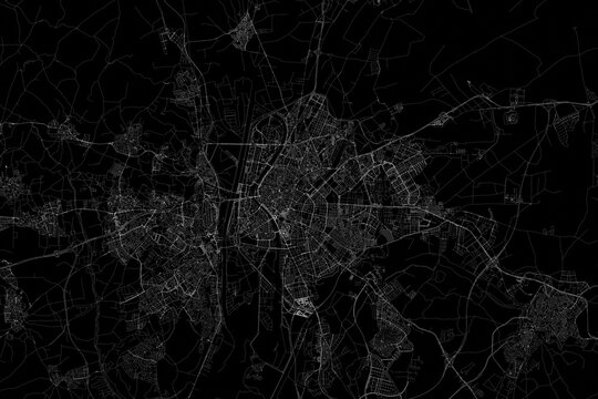 Stylized map of the streets of Seville (Spain) made with white lines on black background. Top view. 3d render, illustration