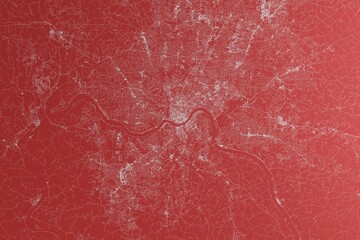 Map of the streets of Cincinnati (Ohio, USA) made with white lines on red paper. Top view, rough background. 3d render, illustration