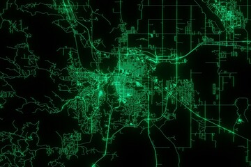 Map of the streets of Rapid City (South Dakota, USA) made with green illumination and glow effect. Top view on roads network. 3d render, illustration