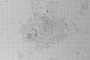 Map of the streets of Sioux Falls (South Dakota, USA) made with black lines on grey paper. Top view. 3d render, illustration