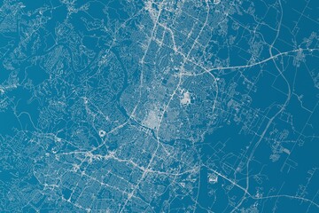 Map of the streets of Austin (Texas, USA) made with white lines on blue background. 3d render, illustration