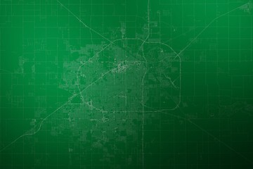 Map of the streets of Lubbock (Texas, USA) made with white lines on abstract green background lit by two lights. Top view. 3d render, illustration