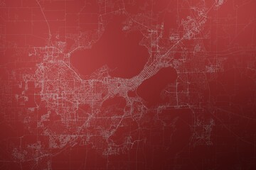 Map of the streets of Madison (Wisconsin, USA) made with white lines on abstract red background lit by two lights. Top view. 3d render, illustration