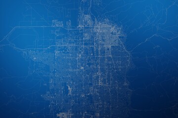 Stylized map of the streets of Salt Lake City (Utah, USA) made with white lines on abstract blue background lit by two lights. Top view. 3d render, illustration