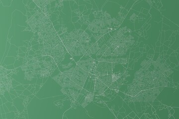 Stylized map of the streets of Gaborone (Botswana) made with white lines on green background. Top view. 3d render, illustration