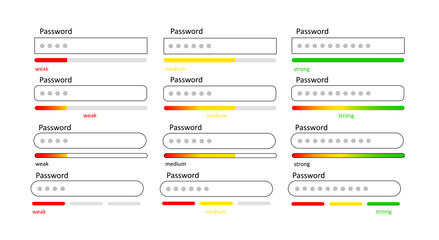 Login and password.
A set of icons for entering the personal account of the site. Strong password, medium password, weak password. Registration and account access. Vector illustration.