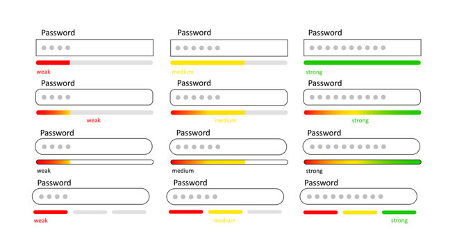 Login and password.
A set of icons for entering the personal account of the site. Strong password, medium password, weak password. Registration and account access. Vector illustration.