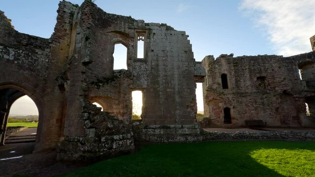 Historical Ruin. Medieval ruins of Castle in England. View of the ruins of a medieval castle (Raglan Castle, Wales). 