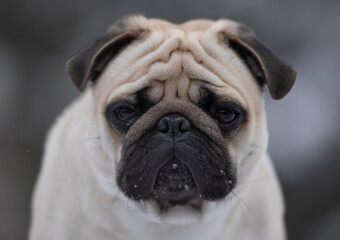 pug dog portrait in winter