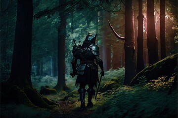 Fototapeta na wymiar fantasy character traveler in forest with fog 