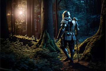Fototapeta premium fantasy character traveler in forest with fog 