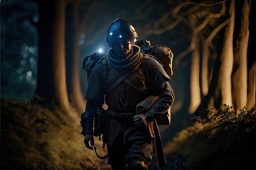 Fototapeta premium fantasy character traveler in forest with fog 